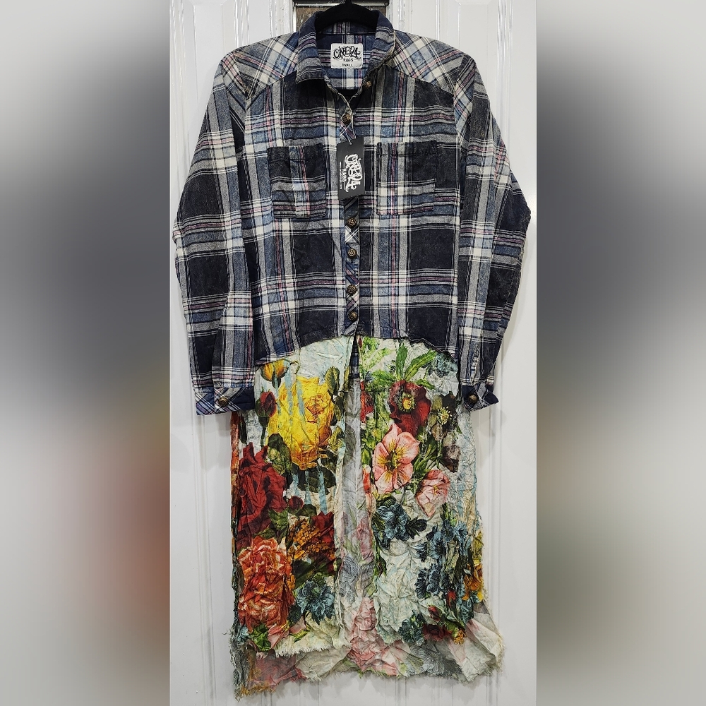 NWT One 24 Rags Flannel button down with floral silk open bottom blouse …